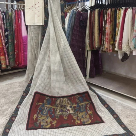 Kora Cotton Saree with Appliqué Kalamkari Pallu & Border