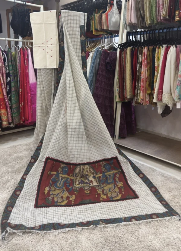 Kora Cotton Saree with Appliqué Kalamkari Pallu & Border